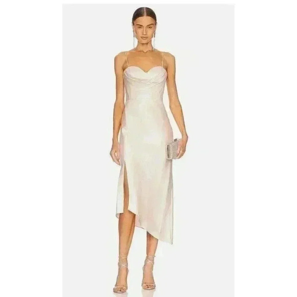 NWT Alice + Olivia Kiyoko Satin Asymmetrical Midi Dress in Champagne Size 4 - Picture 4 of 11